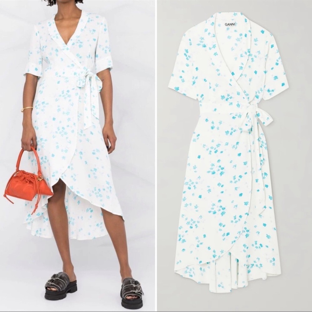 Ganni High Low Wrap Dress - White and Blue Floral 38 - Picture 3 of 8